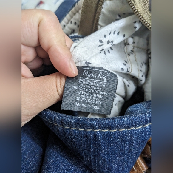 EUC Myra Bag women's Janesa Tote Bag 100% cotton leather denim bag, blue brown - Picture 9 of 13